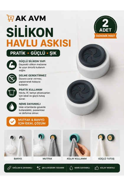 Silikon Havlu Tutucu 2'li Yapışkanlı Havlu Askısı Delme Gerektirmez Banyo Mutfak