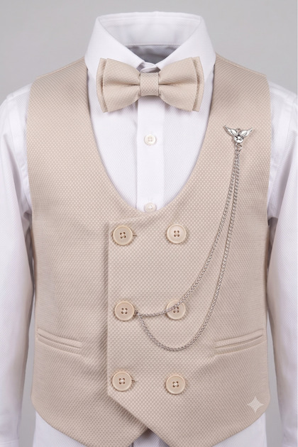 Boy's Beige Vest Suit with Bow Tie Wedding Birthday Eid Circumcision Special Occasion Set 1-12 Years