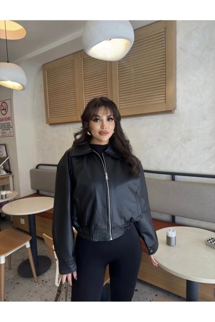 Kadın Siyah Fermuarlı Oversize Suni Deri Bomber Ceket – Günlük Şık Mont