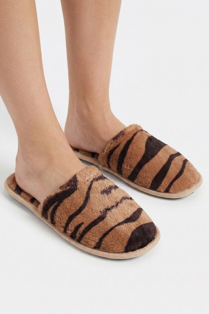 Brown Zebra Patterned Plush House Slippers - Soft Textured Comfortable Home Shoes