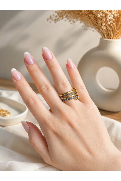 Lacivert Taşlı Gold Çok Sıralı Yüzük no:8