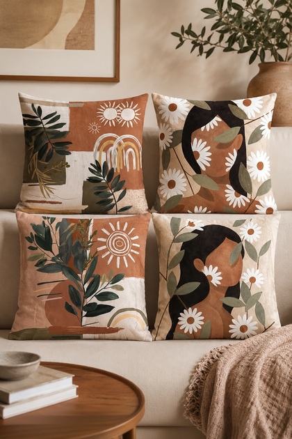 Set of 4 Pillow Covers with Women's Silhouette and Flower Pattern