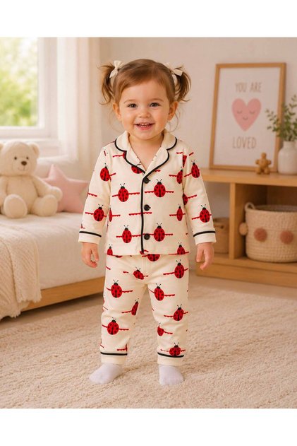 100% Cotton Long Sleeve Buttoned Ladybug Patterned Soft Textured Bottom Top Girl Boy Unisex Baby Pajama Set