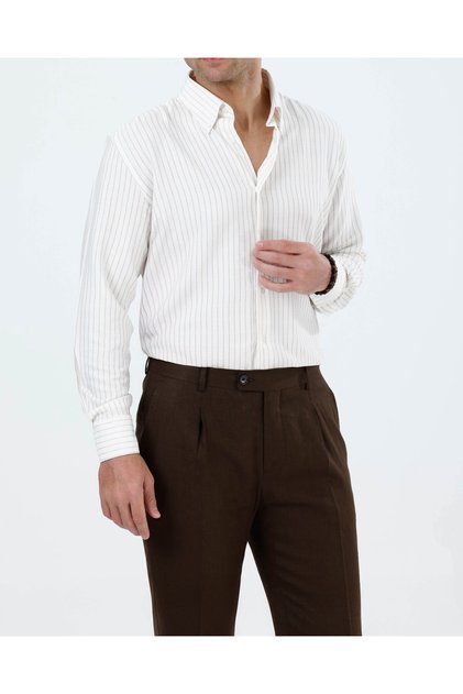 Slim Fit Safari Button-Down Collar Striped Seersucker Lycra Men's Shirt Saks T20132-22