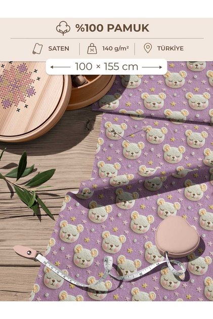 100% Cotton Satin Fabric Digital Printed Cute Teddy Bear and Star Pattern 100X155 cm for Sewing Patchwork and Hobby