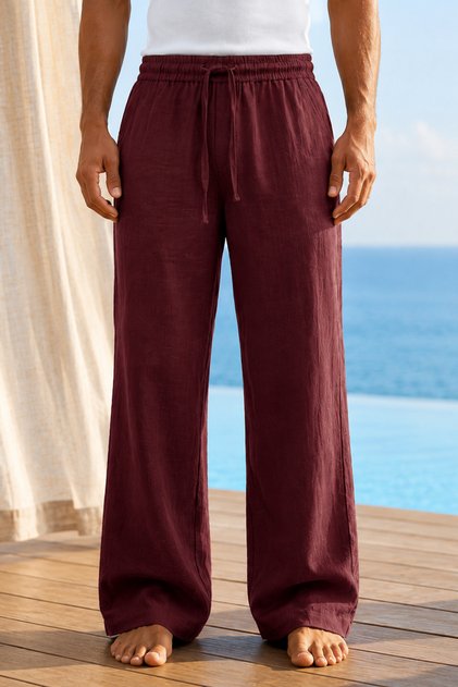 Men's Muslin Linen Blend Comfortable Fit Elastic Waist Lace-Up Summer Trousers
