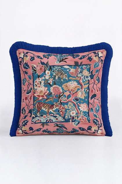 Exotic Tiger and Flower Garden Fringe Pillowcase - Ethnic Jungle Navy Blue Tassel Throw Pillow Cover
