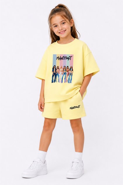 Manifest Girls M6Nifestgirls Printed Oversize 100% Cotton T-Shirt Shorts 2-Piece Children's Set