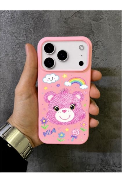 iPhone 17 Pro Max Compatible Colorful Floral and Cloud Patterned Cute Bear Character Pink Case