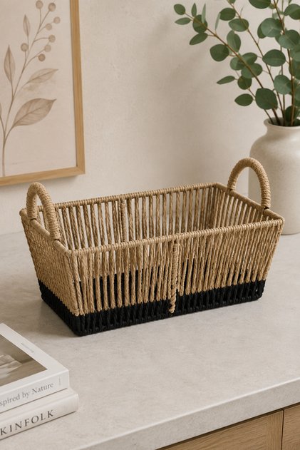 Coș de Depozitare din Sfoară Bej cu Bază Neagră și Mânere, 31×18×17,5 cm, Coș Organizator pentru Living, Baie și Dormitor