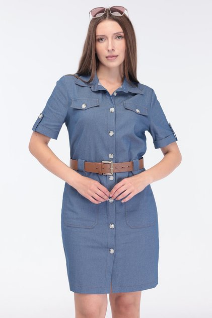 Women's Blue Denim Pocket Detailed Belted Midi Dress