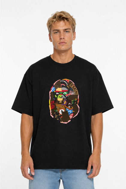 Unisex Women's Men's Bape Mixed Pattern Design Front Printed Oversize Thick Fabric Relaxed Fit T-Shirt