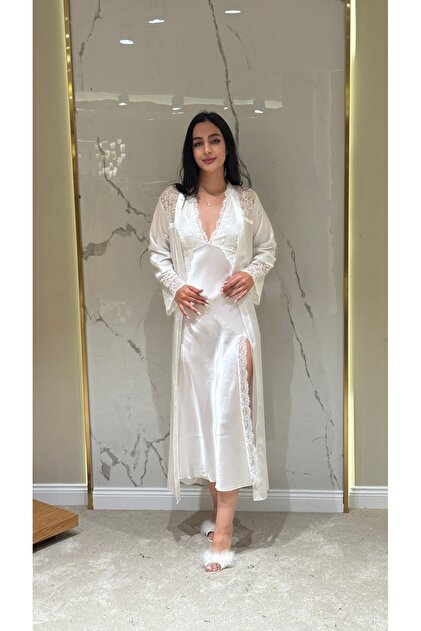 2 Piece Women's Satin Lace Detailed Long Dressing Gown and Nightgown Set Dowry Dress with Slit Shoulder Sleeves and Slit Lace Detail