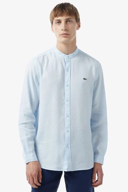 Men's Regular Fit Button-Down Collar Linen Shirt Men's Buttoned Stand Collar Linen Shirt Blue