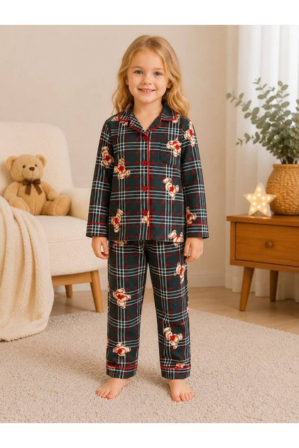 Girl's Cotton Plaid Teddy Bear Patterned Long Sleeve Shirt Collar Buttoned Seasonal Pajama Set