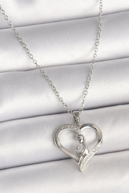 316L Steel Silver Color Chain Zircon Stone Detailed Heart Model Women's Necklace