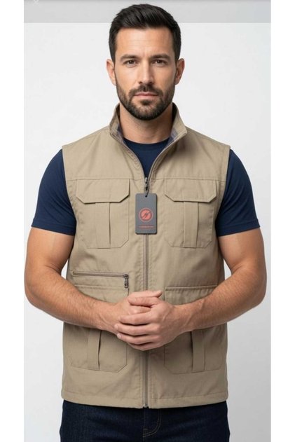 Cream Multi-Pocket Stand Collar Summer Vest