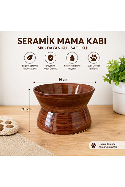 Seramik Mama ve Su kabı ahşap görünüm desen makinada yıkamaya uygun geniş tabanlı devrilmez geniş ağızlı bıyığına zarar vermez.