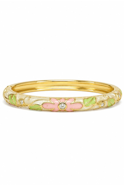Women's Gold Color Flower Patterned Enamel Stone Detailed Handcuff Steel Bracelet