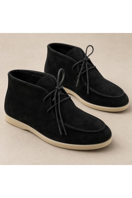 Genuine Leather Black Suede Women's Boots Lace-Up Warm Lined Rubber Sole