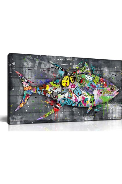 Graffiti Shark Canvas Wall Art | 50x100 Inches Gallery Wrapped | Colorful Street Art Shark | Urban Graffiti Animal Decor