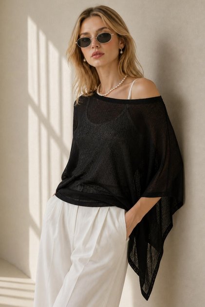 Women's Asymmetrical Draped Transparent Knitwear Cape Poncho Black