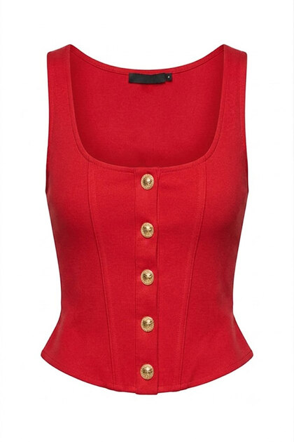 Strappy Buttoned Volan Blouse Red