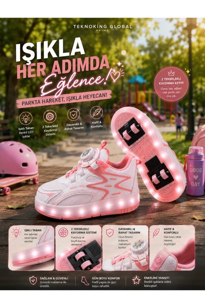 Çıkarılabilir Tekerlekli LED Işıklı Çocuk paten Ayakkabısı Pembe