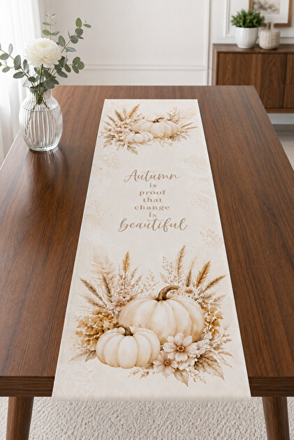 White Pumpkin and Autumn Flowers Patterned Runner Tablecloth 40X140 cm