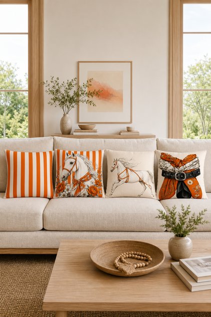 Orange Horse Patterned Decorative Throw Pillow Cover Set of 4 Modern Sofa Cushion Covers 43X43 cm