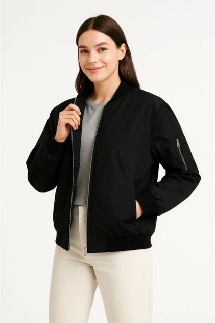 Lined Zippered Bomber Coat Jacket - Black