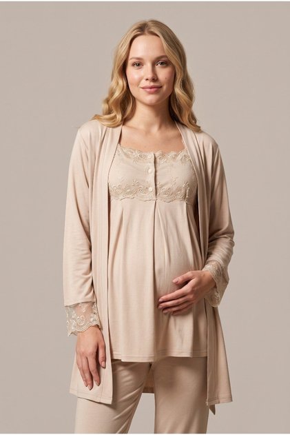 Women's Beige Sleeveless Lace Detailed Maternity Pajama Set with Nursing Detail and Dressing Gown