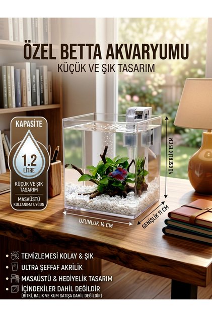Masaüstü Akrilik Mini Betta Akvaryumu 1.2 Litre - Şeffaf Nano Akvaryum (14x11x15 cm)