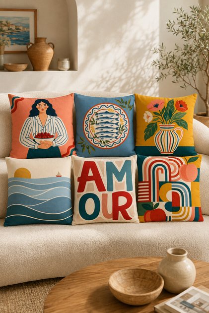 Retro Mediterranean Themed Digital Printed Single Decorative Throw Pillow Cover Set of 6 Double Aarafli