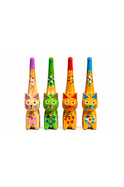 Colorful Wooden Cat Ring Holder Set of 4 Handmade Jewelry Stand Decorative Desktop Organizer
