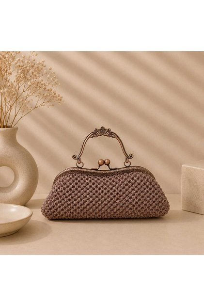 Luma Bronz/Pembe Altın El Örgüsü Kapaklı Abiye Portföy Çanta – Metal Saplı, Retro Vintage Tarz Gece Çantası