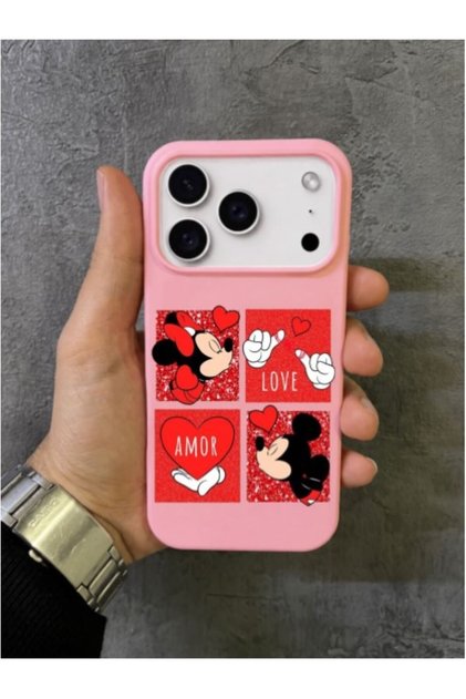 iPhone 17 Pro Max - 18 Pro Max Compatible Mickey Minnie Mouse Love and Amor Written Pink Case