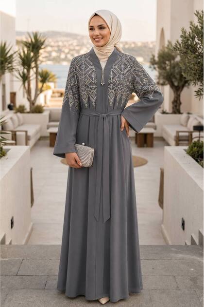 Symmetrical Embroidery Detailed Belted Smoked Hijab Robe 29143Fu
