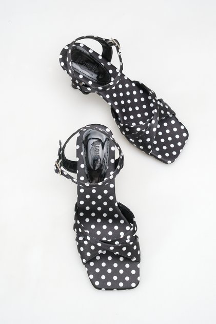 Women's Black Satin Polka Dot Thick Heeled Sandals