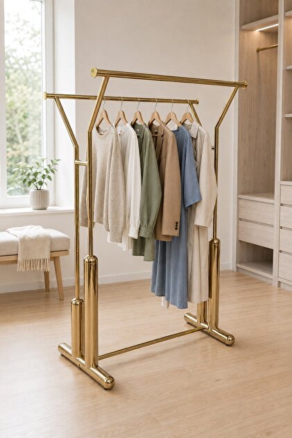 Elbise Askı Stand Gold Renk Kaplama Çift Yönlü Butik Orta Standı ve Askısı V Model