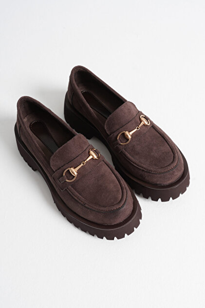 Kadın Acı Kahve Süet 4cm Kalın Topuklu Toka Detaylı Loafer Ayakkabı