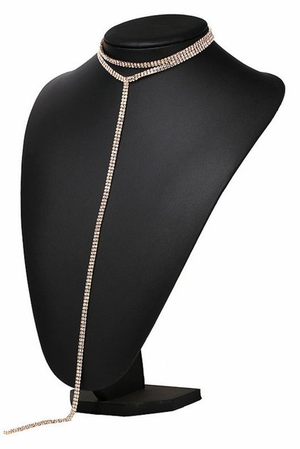 Set 2 coliere choker inguste, sir dublu de cristale, cu fir lung - Auriu