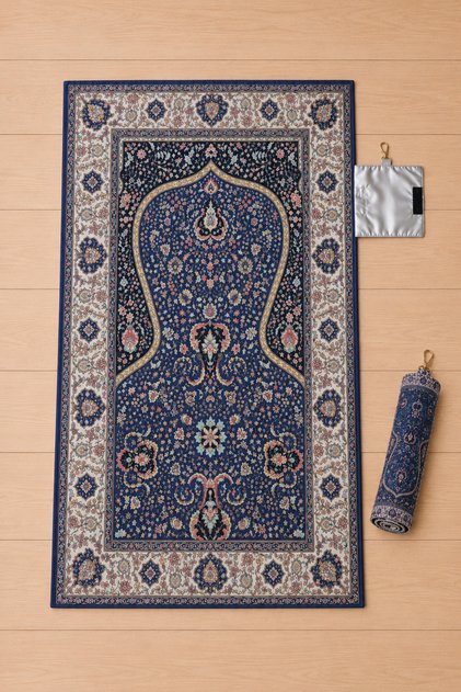 Pocket-Sized Travel Prayer Mat with Qr Code Keychain – Foldable Portable Roll-Up Prayer Mat Lalezar