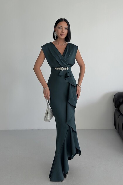 Women's Stoned Scuba Diving Fabric Double Breasted Collar Skirt Flounce Evening Dress Graduation Wedding Dress