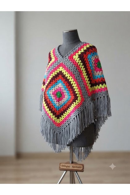 El Örgüsü Etnik Otantik Çok Renkli Motifli Panço