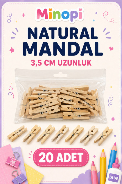 Natural Ahşap Mandal 3,5 cm 20 Adet Doğal Hobi ve Etkinlik Mandalı
