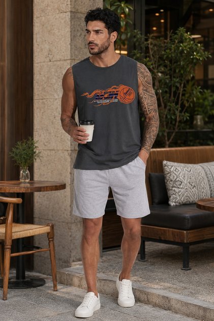 Men's Regular Cut 100% Cotton Crew Neck Sleeveless Elastic Pocket Pajama Set Anti-Sweat