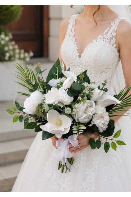 Yapay Gelin Buketi Beyaz Şık Gelin Çiçeği Düğün Nişan Nikah Özel Tasarım Buket