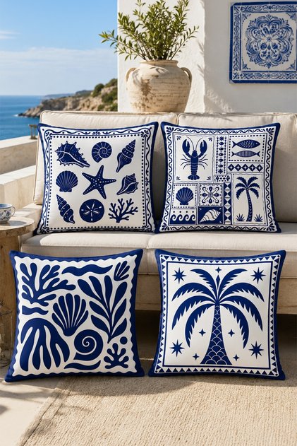 Indigo Blue Seafood Patterned 4-Piece Throw Pillow Cover Set