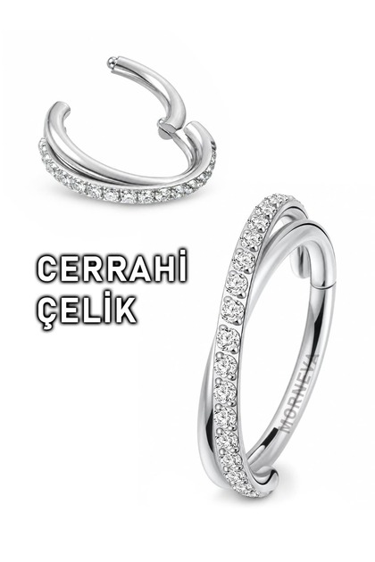 Cerrahi Çelik İç İçe Geçmiş Tam Tur Taşlı Halka Kulak Helix Conch Piercingi (1 Adet)